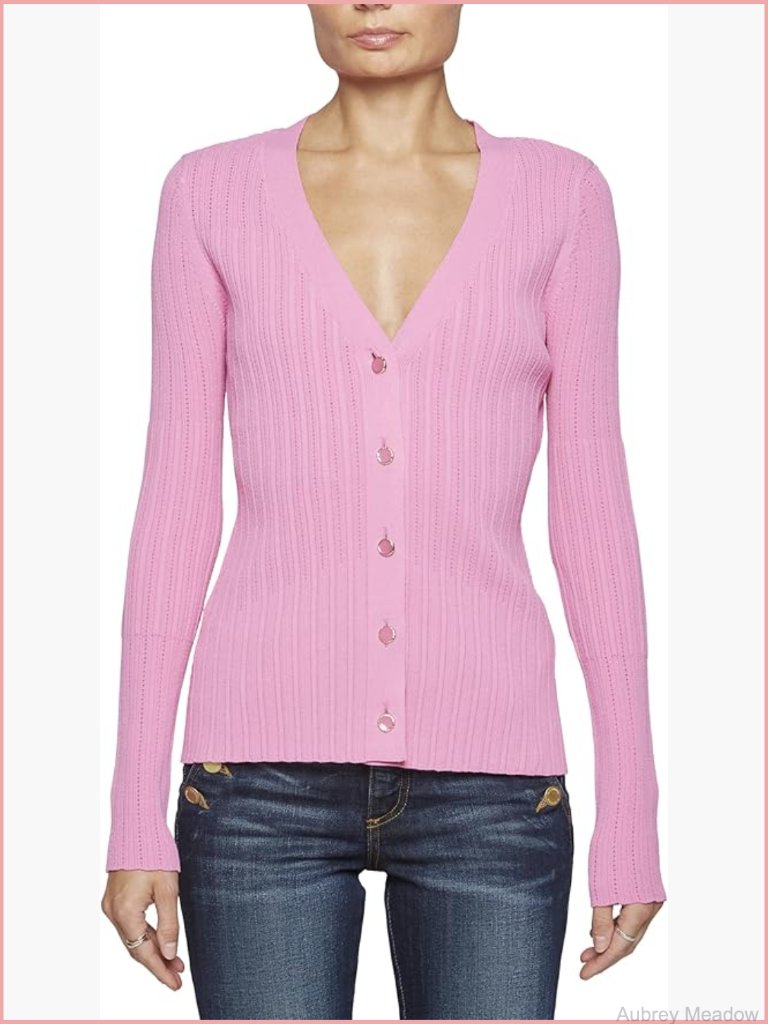 V-Neck Long Sleeve Cardigan With Button Closure - Lightweight Ribbed Knit